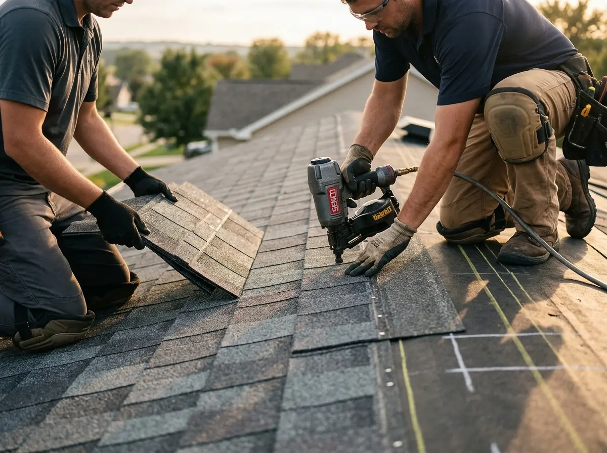 Professional roofer working on a residential roof in Polk